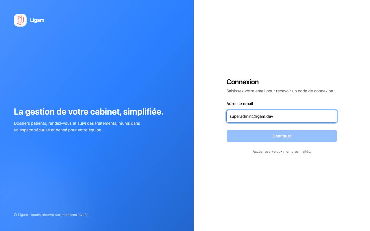 Écran Connexion : champ Adresse email et bouton Continuer (ordinateur)