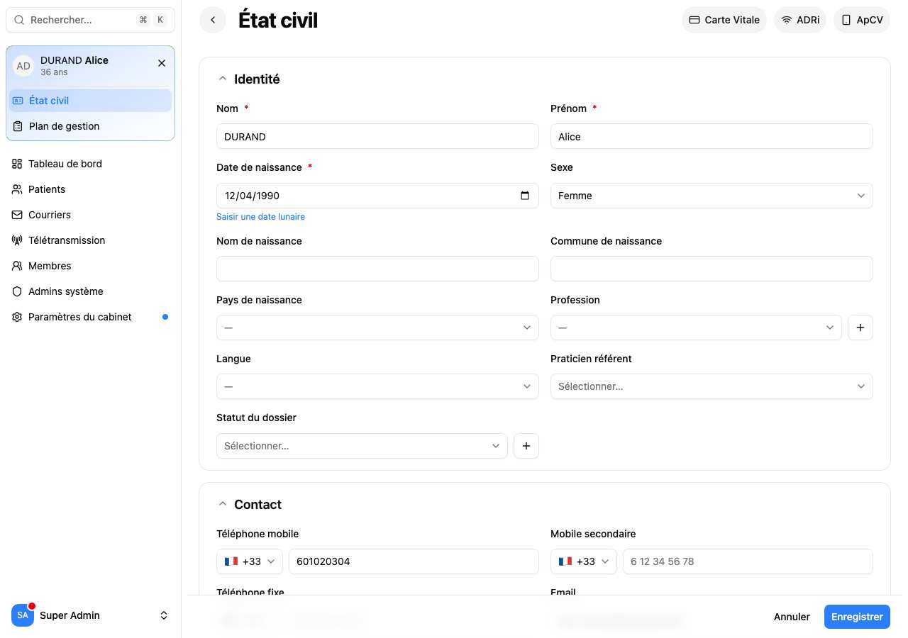 Fiche État civil — section Identité (ordinateur)