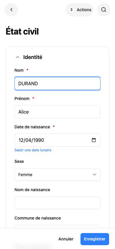Fiche État civil sur mobile — section Identité