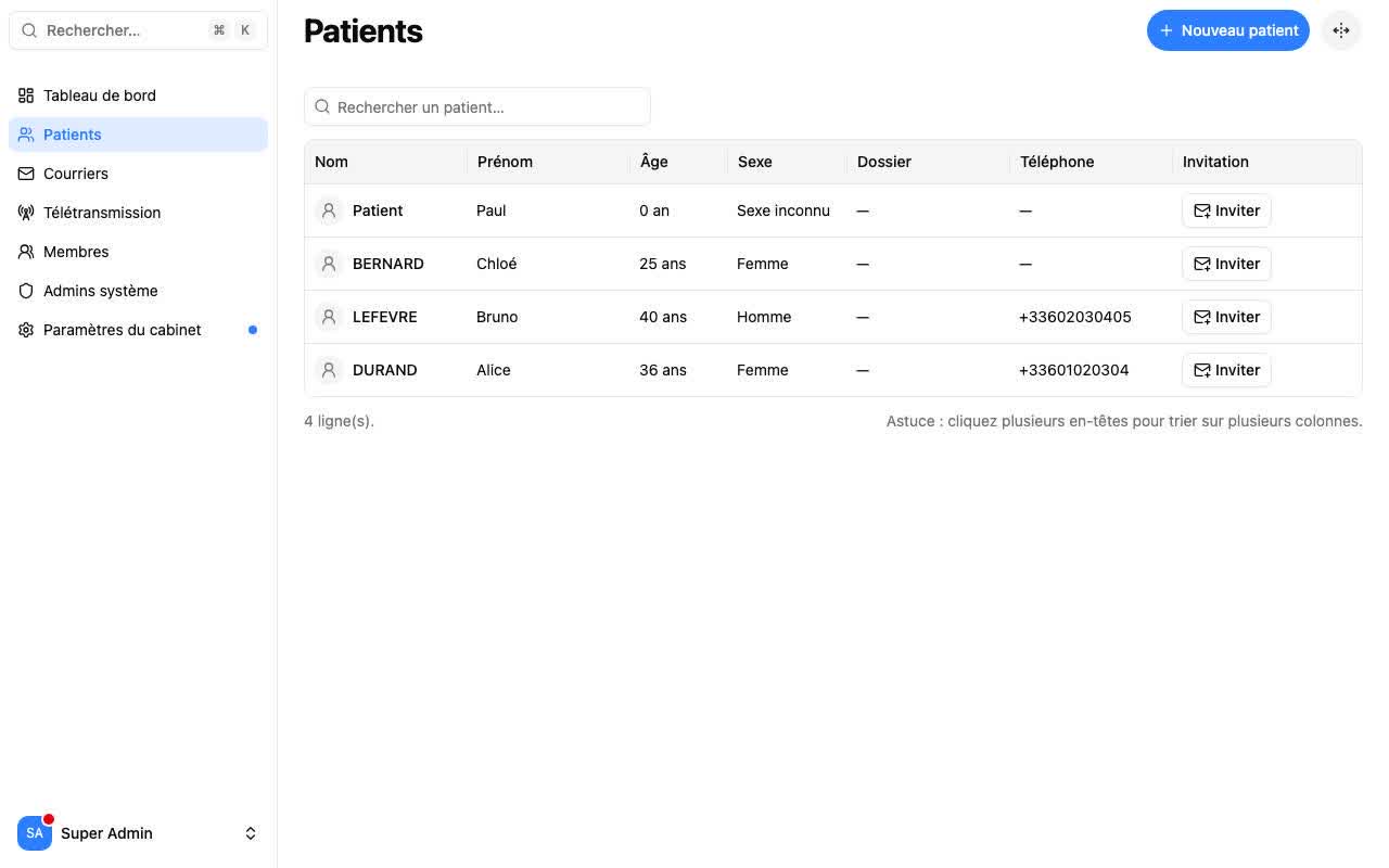 Liste des patients du cabinet (ordinateur)