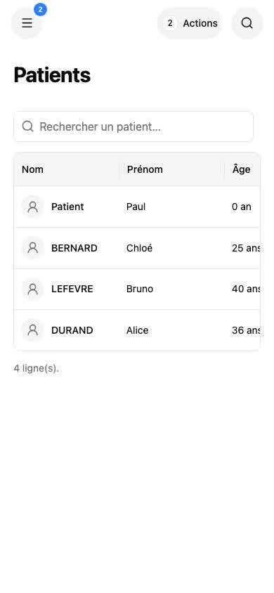 Liste des patients sur mobile