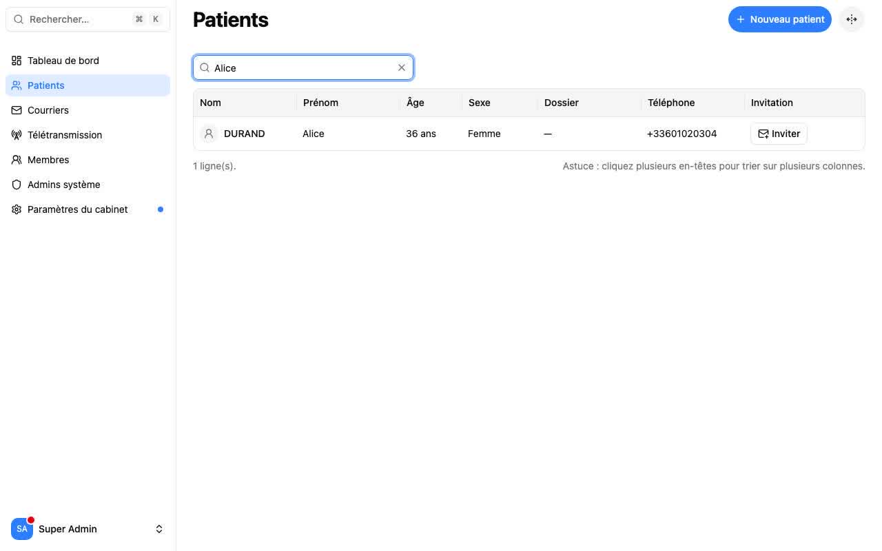 Filtrage de la liste avec « Rechercher un patient… »