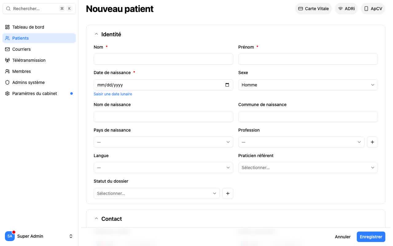 Formulaire Nouveau patient — section Identité (ordinateur)